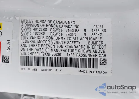 2022 Honda Civic Touring from USA, damaged, VIN 2HGFE1F9XNH306361